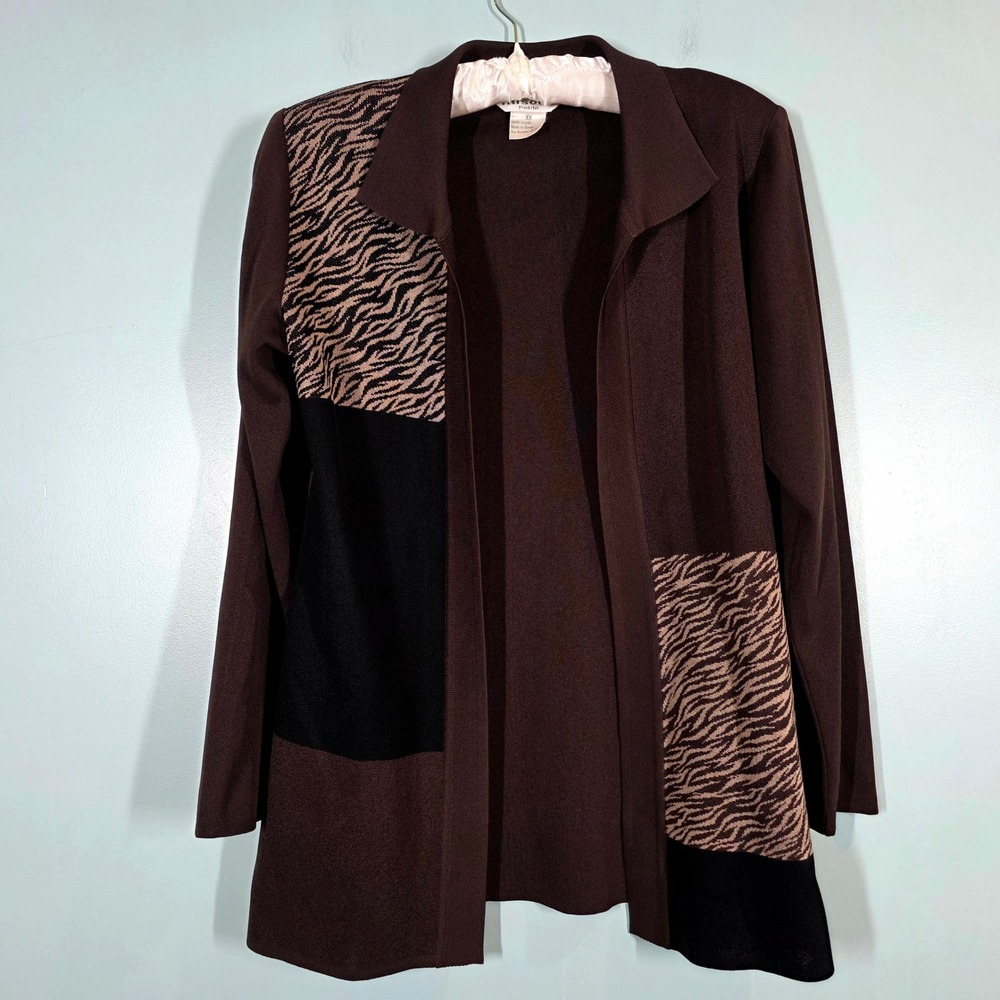 Misook Petite‎ XS Cardigan Brown Black Zebra Print Open Front Knit Jacket XS P